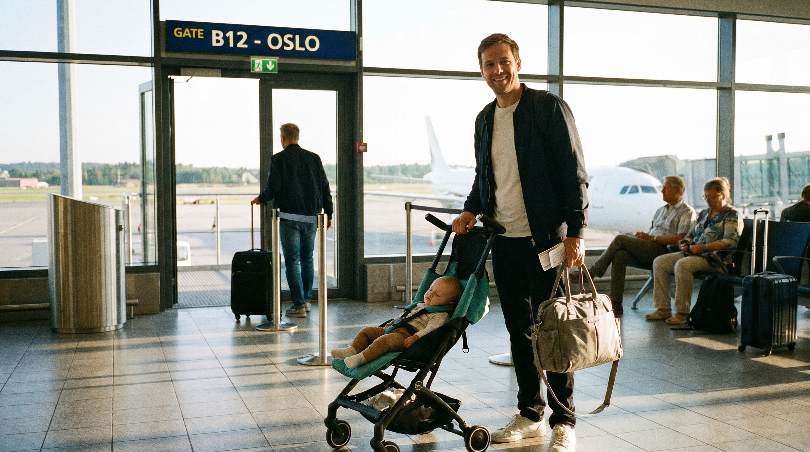 Far med en sammenleggbar reisevogn ved en flyplass-gate