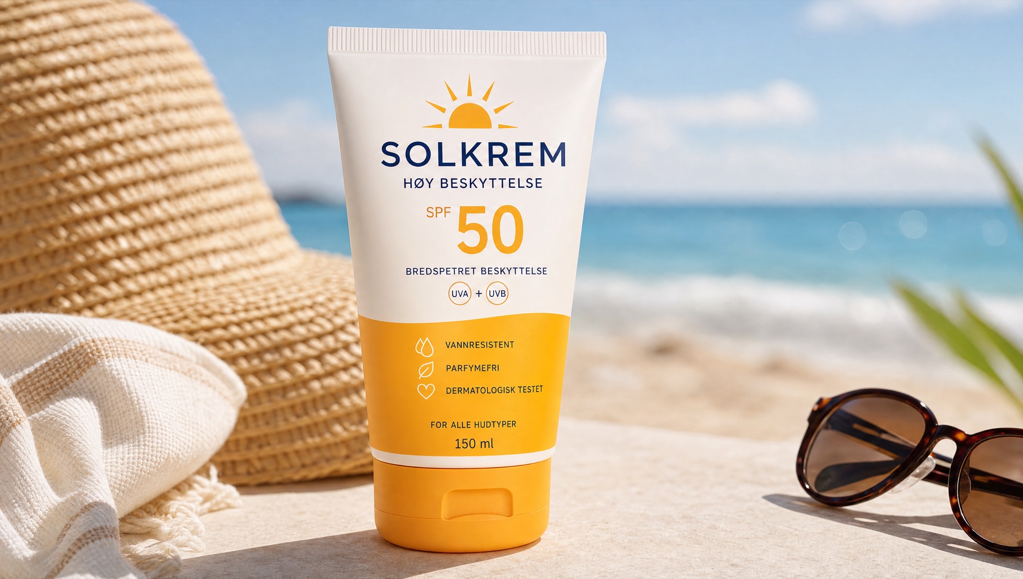Tube med solkrem faktor 50 med høy beskyttelse på en strand