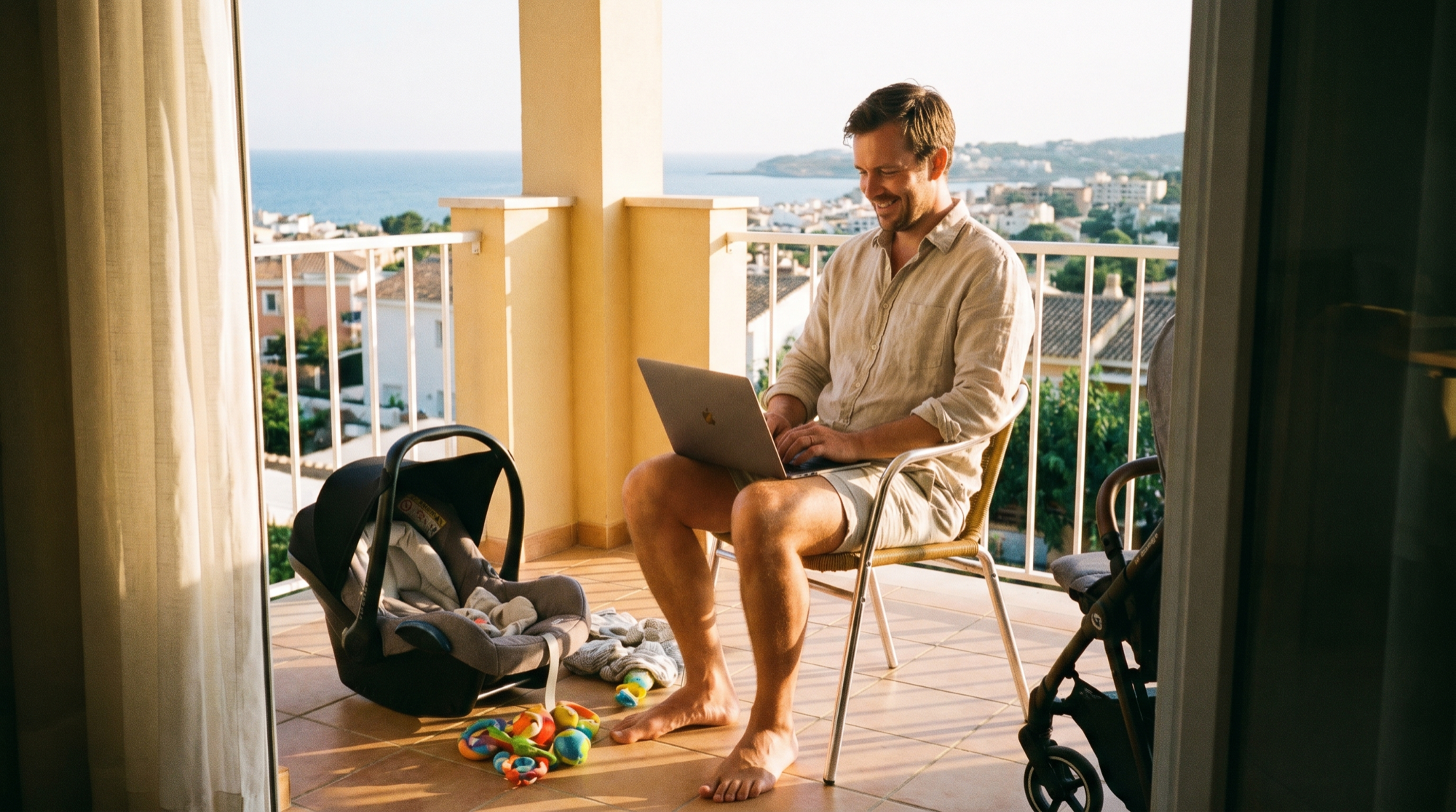 Far jobber på laptop på en solfylt balkong med babyutstyr i nærheten